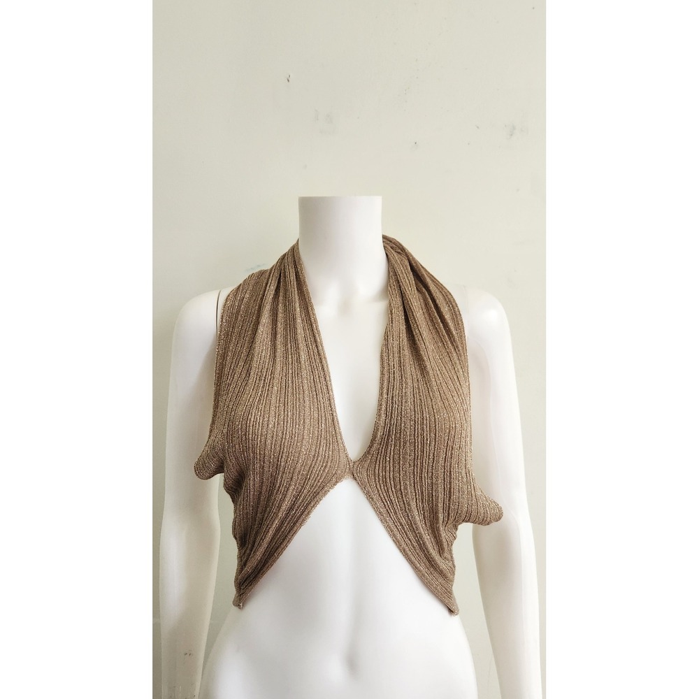 Zara Halter Crop Top Women Medium Gold Metallic Plunging Neck Date Night Party